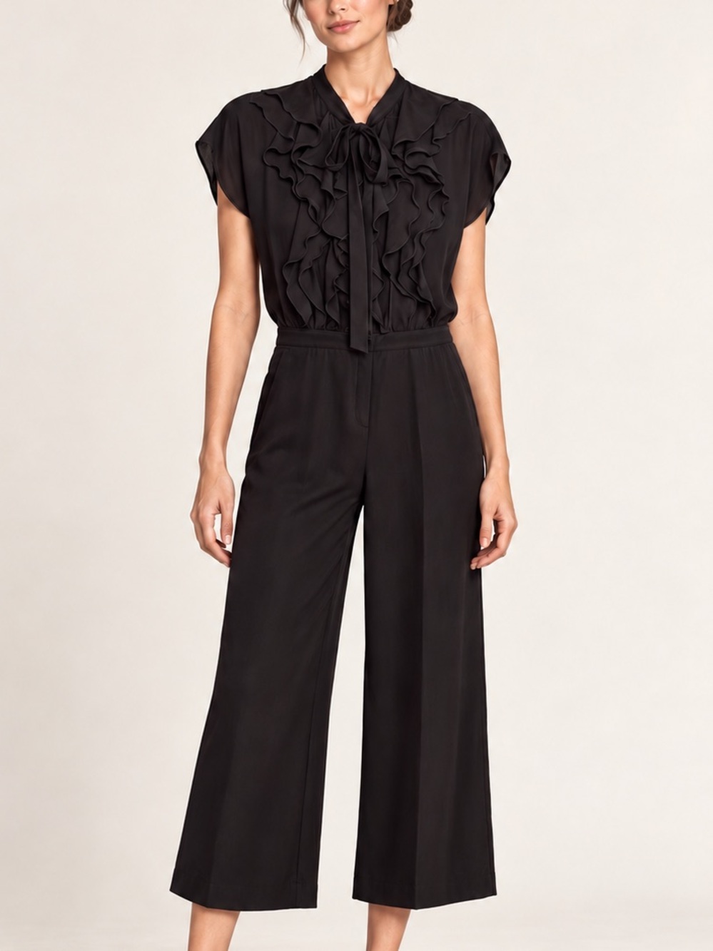 MaxMara Studio Black Silk Ruffle Cropped Jumpsuit (Size 8)